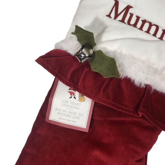 NWT POTTERY BARN VELVET RED STOCKING MUMMY EMBROIDERED LINED HOLLY CHRISTMAS UK - Picture 2 of 8